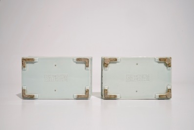 A pair of Chinese relief-decorated celadon-glazed rectangular jardinieres, Yongzheng mark, 19th C.