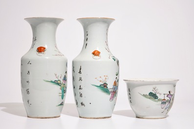 Four Chinese famille rose vases and a qianjiang cai flower pot, 19/20th C.