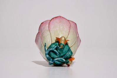 A large Chinese famille rose lotus-shaped cup on stand, Yongzheng