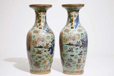A pair of Chinese Canton famille rose on celadon ground vases, 19th C.
