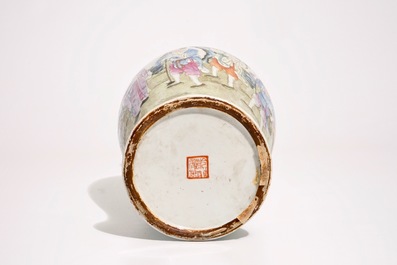 A Chinese famille rose baluster vase, red sealmark, Republic, 20th C.
