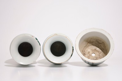 Four Chinese famille rose vases and a qianjiang cai flower pot, 19/20th C.