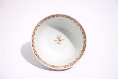 A Chinese famille rose cup and saucer with two egrets, Yongzheng