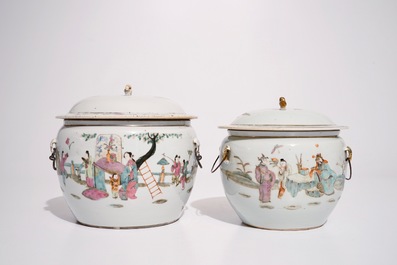 Two Chinese famille rose covered bowls and two ginger jars, 19th C.