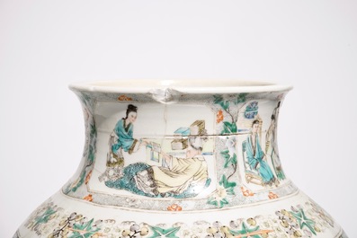 A Chinese Canton famille verte vase, a famille rose flowerpot and a baluster vase, 18/19th C