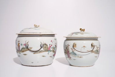 Two Chinese famille rose covered bowls and two ginger jars, 19th C.