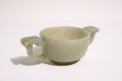A Chinese pale celadon jade two-handled bowl, 19th C.