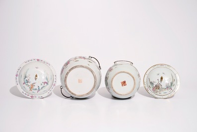 Two Chinese famille rose covered bowls and two ginger jars, 19th C.