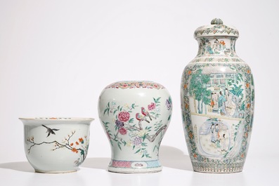 A Chinese Canton famille verte vase, a famille rose flowerpot and a baluster vase, 18/19th C
