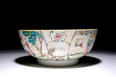 Een Chinese famille rose kom met mandarijns decor, Qianlong