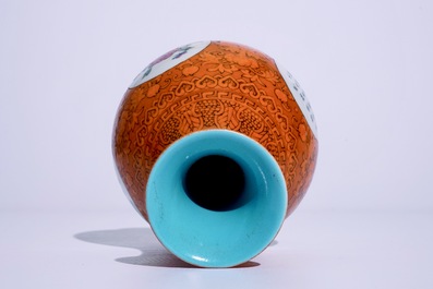 A Chinese famille rose on orange ground yuhuchunping vase, Qianlong mark, 20th C.