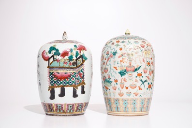 Two Chinese famille rose covered bowls and two ginger jars, 19th C.