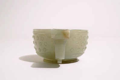 A Chinese pale celadon jade two-handled bowl, 19th C.