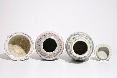 A Chinese Canton famille verte vase, a famille rose flowerpot and a baluster vase, 18/19th C