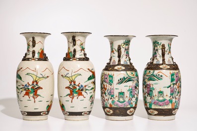 Two pairs of Chinese famille rose and verte Nanking crackle glaze vases, 19th C.