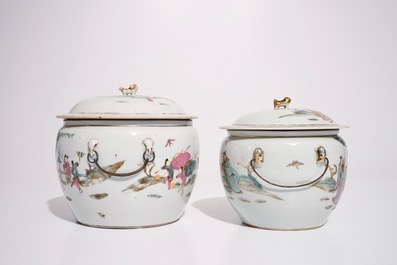 Two Chinese famille rose covered bowls and two ginger jars, 19th C.
