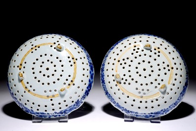 A pair of blue and white Chinese porcelain strainers after Delft examples, Qianlong