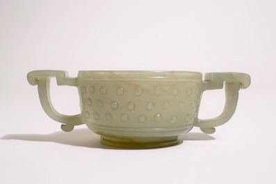 A Chinese pale celadon jade two-handled bowl, 19th C.