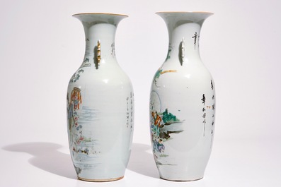 Two tall Chinese famille rose vases with calligraphy, 19/20th C.