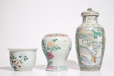 A Chinese Canton famille verte vase, a famille rose flowerpot and a baluster vase, 18/19th C