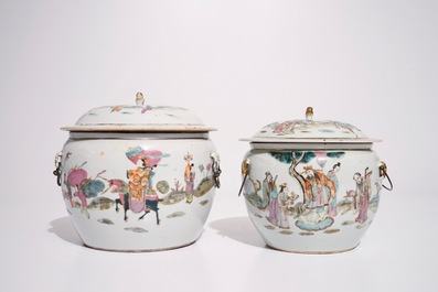 Two Chinese famille rose covered bowls and two ginger jars, 19th C.