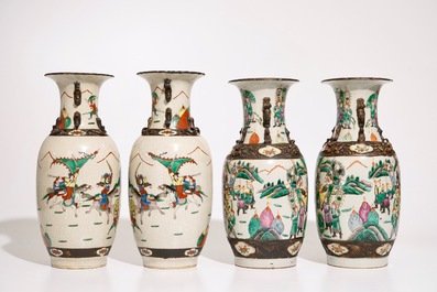 Two pairs of Chinese famille rose and verte Nanking crackle glaze vases, 19th C.