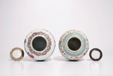 Two Chinese famille rose covered bowls and two ginger jars, 19th C.
