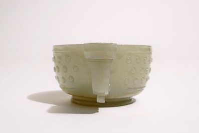 A Chinese pale celadon jade two-handled bowl, 19th C.
