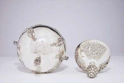A Chinese silver tripod incense burner and cover with dragons, 19th C.