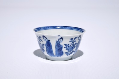 Twelve Chinese blue and white cups and saucers with long Eliza, Kangxi