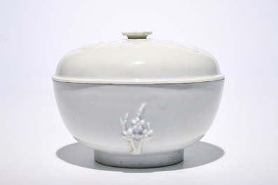 A Chinese Dehua blanc de Chine bowl and cover with applied decoration, 19th C.
