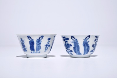 Twelve Chinese blue and white cups and saucers with long Eliza, Kangxi