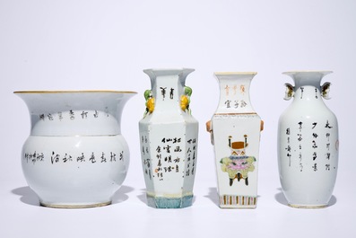 Vier Chinese famille rose en polychrome vazen, 19/20e eeuw