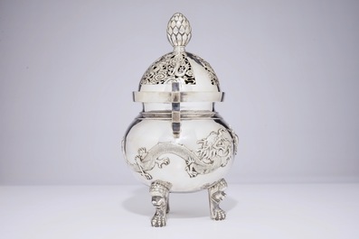 A Chinese silver tripod incense burner and cover with dragons, 19th C.