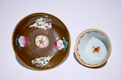 Nine Chinese famille rose on capucin brown ground cups and saucers, Qianlong