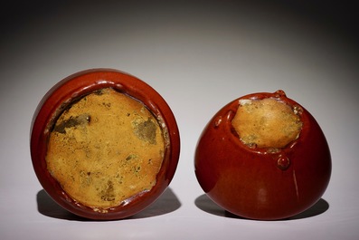 A Chinese monochrome sang-de-boeuf-glazed brush pot and a bowl, 19th C.