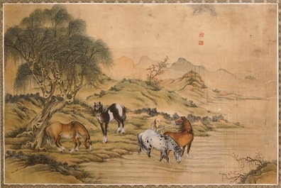 Une paire de peintures chinoises sur soie au sujet "Les huit chevaux de Mu Wang", 19/20&egrave;me