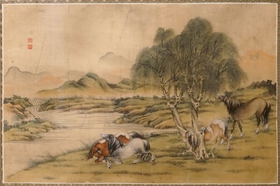 Une paire de peintures chinoises sur soie au sujet "Les huit chevaux de Mu Wang", 19/20&egrave;me