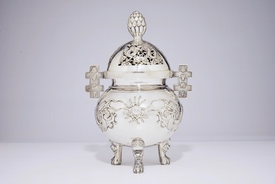 A Chinese silver tripod incense burner and cover with dragons, 19th C.