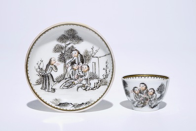 Six Chinese miniature grisaille cups and saucers with jesuits, Qianlong