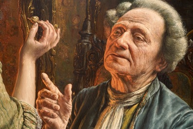 L&eacute;on Brunin (1861-1949), Chez le bijoutier, huile sur panneau, dat&eacute; 1923