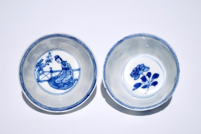 Twelve Chinese blue and white cups and saucers with long Eliza, Kangxi