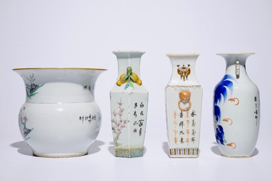 Vier Chinese famille rose en polychrome vazen, 19/20e eeuw