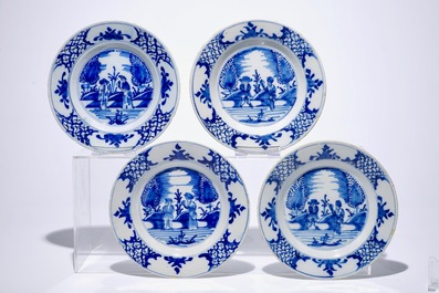 Un ensemble de neuf assiettes en fa&iuml;ence de Delft bleu et blanc, 18&egrave;me