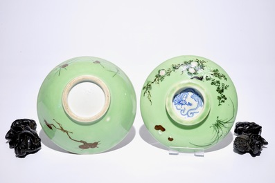 Un lot vari&eacute; de cinq assiettes, une paire de figures en pierre serpentine et un bol couvert japonais, 18/20&egrave;me