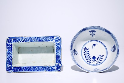 EIght Chinese blue and white plates, a bowl and a jardiniere, 18/19th C.