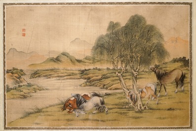 Une paire de peintures chinoises sur soie au sujet "Les huit chevaux de Mu Wang", 19/20&egrave;me