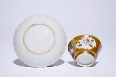 Nine Chinese famille rose on capucin brown ground cups and saucers, Qianlong