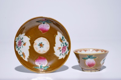 Nine Chinese famille rose on capucin brown ground cups and saucers, Qianlong