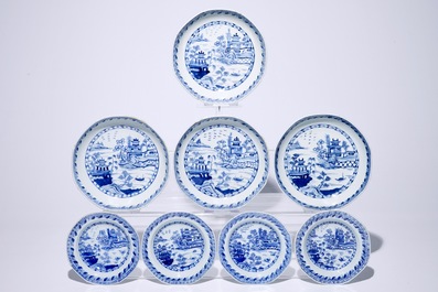 EIght Chinese blue and white plates, a bowl and a jardiniere, 18/19th C.